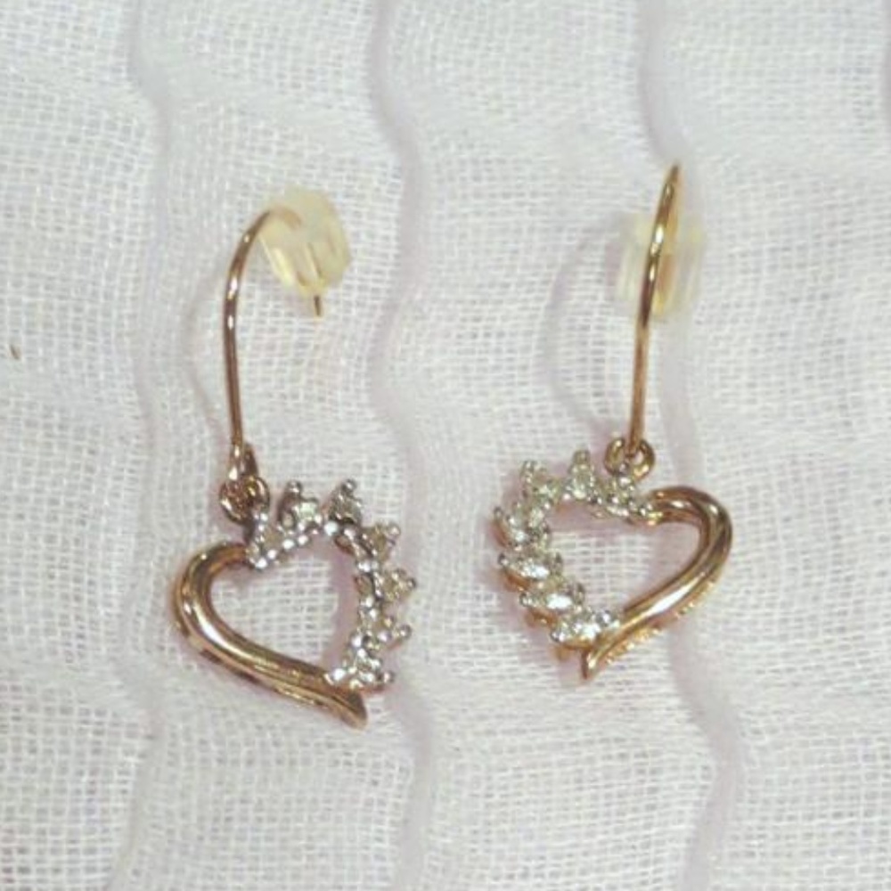 Gold Heart & Diamond Dangle Earrings